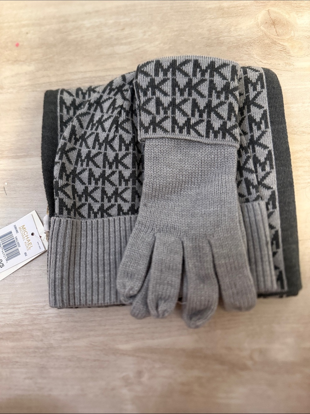 Michael Kors Gray MK Logo Knit Scarf and Gloves Set
